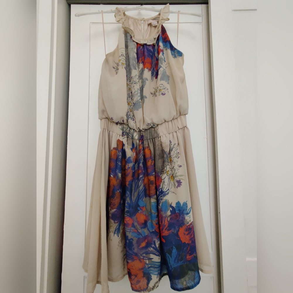 Love21 Feminine Floral Dress in Nude with Blue and Orange Floral Pieces S